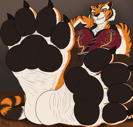 anthro claws feet female first_person_view foot_fetish foot_focus fur grin looking_down male markings micro micro_pov muscular muscular_female muscular_male pawpads smile soles solo striped_body striped_fur striped_markings striped_tail stripes tail tail_markings toe_claws toes wrinkled_feet wrinkles 1-bobu dreamworks kung_fu_panda master_tigress felid mammal pantherine tiger hi_res signature