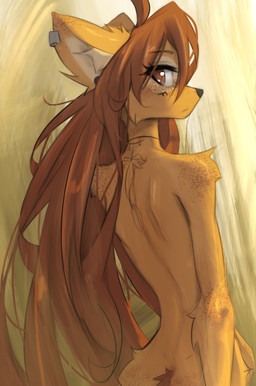 anthro back_tattoo biped brown_eyes brown_hair brown_tail ear_piercing female fur gauged_ear hair inner_ear_fluff long_hair looking_at_viewer looking_back looking_back_at_viewer neck_tattoo nude nude_anthro nude_female piercing rear_view solo standing tail tan_body tan_fur tattoo tuft tinygaypirate apogee_(tinygaypirate) canid canine canis domestic_dog mammal 2025 digital_drawing_(artwork) digital_media_(artwork) hi_res