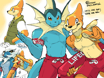 anthro arm_fin armband biped black_nose blue_body blue_tail brown_eyes clothed clothing dialogue eyebrows fin fingers fur group lifeguard male markings multicolored_body orange_body orange_fur rescue_tube shirt simple_background smile standing swimming_trunks swimwear tail text topless topless_anthro topless_male topwear trio vest whisker_markings whistle_(object) whistle_around_neck whistle_in_mouth white_body white_fur zipper dahecksajerry nintendo pokemon eddie_(dahecksajerry) jet_(dahecksajerry) melvin_(dahecksajerry) buizel eeveelution generation_1_pokemon generation_4_pokemon generation_5_pokemon pokemon_(species) samurott vaporeon english_text