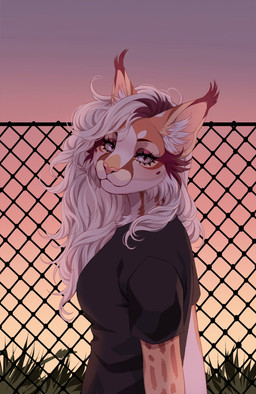 anthro black_clothing black_shirt black_topwear clothed clothing detailed_background ear_tuft eyelashes female fur hair inner_ear_fluff looking_at_viewer markings multicolored_body multicolored_fur outside purple_eyes shirt solo spots spotted_markings sunset topwear tuft white_hair nsfwzhenya felid feline lynx mammal digital_media_(artwork) hi_res shaded