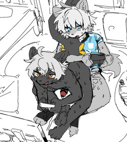 after_orgasm ahoge anthro biped black_body black_fur blue_eyes bottomless bottomless_anthro bottomless_male casual_sex censor_bar censored_genitalia censored_penis cheek_tuft clothed clothed_anthro clothed_male clothing controller duo electronics erection facial_tuft fin fur genitals glans grey_body grey_fur grey_hair hair half-closed_eyes high-angle_view humanoid_genitalia humanoid_penis interspecies jersey long_tail male male/male male_anthro monotone_body monotone_fur monotone_hair narrowed_eyes nude nude_anthro nude_male open_mouth open_smile orange_eyes penis plantigrade sex shirt short_hair slim slim_anthro slim_male smile straight_hair tail tail_fin television topwear tuft uro0000 aquatic canid canine hybrid mammal 2026 absurd_res censored digital_drawing_(artwork) digital_media_(artwork) flat_colors hi_res sketch