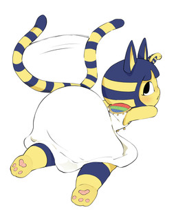:< accessory anthro anticipation ass_up bangs beckoning black_eyes blue_ears blue_hair blue_stripes blush bob_cut butt clothed clothed_anthro clothed_female clothing dress egyptian egyptian_clothing female female_anthro fur gesture hair looking_back lying markings mouth_closed on_front pawpads pink_pawpads presenting presenting_hindquarters rear_view simple_background solo striped_markings striped_tail stripes tail tail_markings tail_motion tailwag uraeus usekh white_background white_clothing white_dress white_sclera yellow_body yellow_fur yellow_inner_ear abyss_creature_(artist) animal_crossing nintendo ankha_(animal_crossing) domestic_cat felid feline felis mammal 2024 4:5 absurd_res digital_drawing_(artwork) digital_media_(artwork) full-length_portrait hi_res korean_description portrait