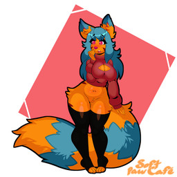 anthro belly_blush big_breasts blush body_blush bottomless breast_squish breasts cleavage_cutout clothed clothing cutout female fluffy fluffy_tail footwear genitals half_clothed legwear pose puffy_sleeves socks solo squish tail thick_thighs thigh_highs vulva wide_hips softpawcafe sasha_(softpawcafe) domestic_cat felid feline felis mammal toyger 1:1 hi_res pinup