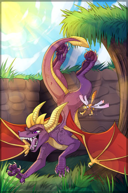 claws cloud duo feet feral flying forked_tongue gold_body gold_scales grass horn membrane_(anatomy) membranous_wings open_mouth outside plant purple_body purple_eyes purple_scales quadruped red_wings scales sharp_teeth sky spikes spread_wings sun tail teeth toe_claws toes tongue tongue_out tree ventral_scales wide_eyed wings honey-beest activision mythology spyro_the_dragon sparx spyro arthropod dragon dragonfly insect mythological_creature mythological_scalie reptile scalie 2018 2:3 absurd_res digital_media_(artwork) hi_res