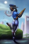 anthro baguette barefoot bread breasts butt butt_focus claws clothing feet female food hat headgear headwear looking_at_viewer looking_back looking_back_at_viewer non-mammal_breasts on_one_leg outside solo standing corrsk olivia_(corrsk) avian bird penguin hi_res