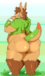 2020 anthro big_butt brown_body brown_fur buckteeth butt claws clothing crotch_tuft digital_media_(artwork) full-length_portrait fur generation_6_pokemon grass green_background hoodie kemono leg_tuft looking_back male nintendo niquil overweight overweight_anthro overweight_male plant pokemon pokemon_(species) portrait quilladin shy simple_background slightly_chubby solo teeth thick_thighs tiredanon toe_claws topwear tuft