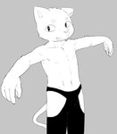 4_fingers anthro bulge butt cheeky clothing eyebrows fingers grey_background heart_eyes heart_symbol looking_at_viewer looking_sideways male navel pawpads simple_background solo spread_arms tongue tongue_out underwear young young_anthro young_male nekotanyanneko domestic_cat felid feline felis mammal 2020 greyscale hi_res monochrome