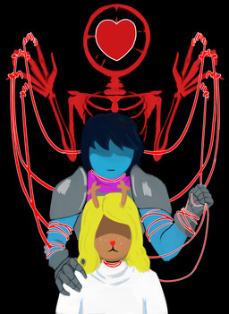 abuse anthro armor bone clothing dress female gauntlets gloves group handwear male skeleton snowgrave trio shock_trooper_(artist) deltarune undertale_(series) kris_dreemurr noelle_holiday soul_(deltarune) deer human mammal absurd_res hi_res