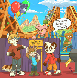 amusement_ride anthro antlers balloon black_body black_clothing black_footwear black_fur black_shoes blonde_hair blue_bottomwear blue_clothing blue_eyes blue_pants blue_shirt blue_sky blue_t-shirt blue_topwear bottomwear brown_antlers brown_body brown_fur clothed clothing cloud day floppy_ears footwear fur gloves_(marking) green_clothing green_eyes green_footwear green_shoes group hair horn inflatable logo male markings mat mouth_closed open_mouth outside pants pink_body pink_skin red_clothing red_footwear red_shoes red_tongue roller_coaster shirt shoes side_view sign sitting sky speech_bubble standing t-shirt text tongue tongue_out topwear white_body white_clothing white_footwear white_fur white_shoes yellow_body yellow_fur young young_anthro young_male pandapaco mythology art_(pandapaco) biro_(pandapaco) darwin_(tinydeerguy) matt_riskely parinton roni_(imroni) bear border_collie canid canine canis collie deer domestic_dog domestic_pig dragon giant_panda herding_dog mammal mythological_creature mythological_scalie pastoral_dog scalie sheepdog suid suine sus_(pig) artist_logo digital_media_(artwork) english_text signature