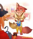 angry anthro bottomwear carrying_another cashier clothed clothing duo_focus fur green_eyes group hat headgear headwear male open_mouth pants pawpads shirt standing teeth topwear seasaltlime disney zootopia finnick_(zootopia) nick_wilde antelope bovid canid canine fennec_fox fox mammal red_fox true_fox 2017 animated digital_media_(artwork) short_playtime unavailable_at_source