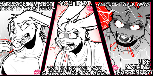 4_fingers angry annoyed anthro argument big_breasts big_pupils breasts buckteeth clothing cross-popping_vein dialogue dilated_pupils duo female fingers inner_ear_fluff jacket larger_male long_ears male mocking motion_lines muscular muscular_female pointy_ears prick_ears pupils red_background red_eyes sharp_teeth simple_background size_difference slightly_chubby slightly_chubby_female slim_male smaller_female teeth topwear tuft white_background softbunnyhouse fatima_coco humanoid hyena lagomorph leporid mammal rabbit absurd_res black_and_white comic digital_drawing_(artwork) digital_media_(artwork) hi_res monochrome multiple_scenes