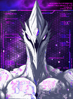 anthro circuit_markings fangs forehead_gem gem glowing glowing_eyes hexagon_background long_neck looking_at_viewer male markings muscular muscular_male pecs purple_eyes scales shadowed_eyes snout solo spikes spikes_(anatomy) spines teeth text white_body white_scales shadowsoulful mythology fan_character alien dragon monster mythological_creature mythological_scalie scalie space_dragon_(metroid) 2026 absurd_res bust_portrait cel_shading hi_res portrait shaded