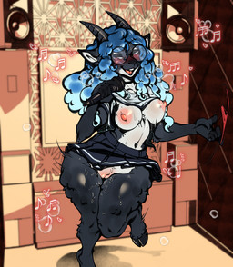 2_horns anthro areola biped black_body black_fur black_wool blue_hair blush bodily_fluids bottomwear breasts clothed clothed_anthro clothed_female clothing cloven_hooves countershade_torso countershading electronics exposed_breasts eyewear female fingers front_view fur genital_fluids genitals glasses hair holding_microphone holding_object hooves horn inside microphone musical_note musical_symbol navel nipples open_mouth open_smile pink_areola pink_nipples pleated_skirt round_glasses shirt skirt smile solo standing symbol teeth tongue topwear unguligrade vaginal_fluids vulva wearing_glasses white_body wool_(fur) avante92 serenity_(laggyb0i) bovid caprine mammal sheep 2026 digital_drawing_(artwork) digital_media_(artwork) hi_res