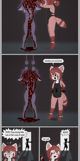 accent all_fours annoyed anthro apron apron_only barefoot blush bodily_fluids caught clothing collar covered_in_blood cruelty crying cunnilingus duo dying feet female female/female flat_chested genital_fluids genitals gore guts gutted imminent_death intestines killing leash male male/female navel nipples nude oral organs orgasm orgasm_face pain sex shaking silhouette submissive submissive_female suffering tears text trembling vaginal vulva e254e lin_(e254e) ming_(e254e) ailurid bat mammal red_panda absurd_res english_text hi_res