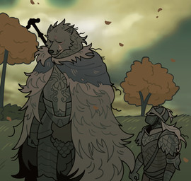 ambiguous_gender anthro armor cape clothed clothing duo facial_scar fur grass grey_body grey_fur headgear helmet leaf looking_at_another male one_eye_closed outside plant scar tree valdotpng elden_ring fromsoftware tyler1 blaidd_(elden_ring) tarnished_(elden_ring) canid canine canis humanoid mammal wolf hi_res meme