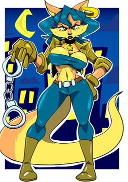 anthro big_breasts breast_jiggle breast_overflow breasts collar cuff_(restraint) ear_piercing ear_ring female furrowed_eyebrows half_moon hand_on_hip handcuffs jiggling looking_at_viewer metal_cuffs moon night piercing restraints ring_piercing serious_face solo thick_thighs wide_hips insomniacpen sly_cooper_(series) sony_corporation sony_interactive_entertainment sucker_punch_productions carmelita_fox canid canine fox mammal red_fox true_fox 2026 absurd_res hi_res