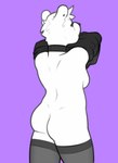 alex_(lundi) anthro breasts butt clothed clothing ear_piercing fur gynomorph hi_res intersex legwear lundi mammal partially_clothed piercing purple_background simple_background solo standing stockings topwear topwear_lift undressing unknown_species white_body white_fur