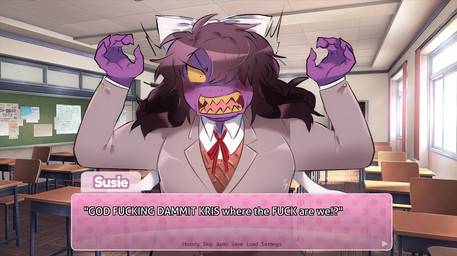 angry anthro classroom clothing dialogue female hair header header_box humor looking_at_viewer profanity ribbons school school_uniform solo style_emulation text text_header uniform socialllinks deltarune doki_doki_literature_club! kris_where_are_we team_salvato undertale_(series) susie_(deltarune) lizard reptile scalie english_text meme
