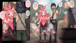4_fingers accessory anthro bag bell bell_collar black_body black_fur black_hair black_nose blonde_hair blue_eyes bottomwear bow_ribbon bow_tie breasts brown_eyes cat_tail clothing collar cuffs_(clothing) day dialogue eyes_closed fake_ears fake_rabbit_ears female fingers footwear fur furgonomics gender_transformation green_bottomwear green_clothing green_pants grey_eyes group hair heart_symbol human_to_anthro inside legwear leotard light_blush male medium_breasts melee_weapon membrane_(anatomy) membranous_wings mtf_transformation musical_note musical_symbol office_clothing open_mouth outside pants pantyhose pawpads pink_clothing pink_footwear pink_hair pink_leotard pink_nose pink_shoes pupils ribbons robe shoes slit_pupils spade_tail species_transformation standing_on_object sword symbol tail tail_accessory tail_bow tail_ribbon text transformation trio weapon white_body white_clothing white_fur white_robe wings winking_at_another tetetor-oort canid canine canis domestic_cat domestic_dog felid feline felis human mammal absurd_res hi_res translation_request