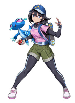 5_fingers ambiguous_gender black_clothing black_hair blue_body blue_eyes blue_fingers bottomwear breasts clothed clothing duo female fingernails fingers footwear fully_clothed green_bottomwear green_clothing hair headgear headwear larger_female larger_human nails open_mouth open_smile pink_clothing pink_footwear pokeball simple_background size_difference smaller_ambiguous smile standard_pokeball white_background white_clothing white_footwear genzoman nintendo pokemon female_protagonist_(pokemon_wiwa) gecko gecqua generation_10_pokemon human lizard mammal pokemon_(species) reptile scalie 2026 hi_res