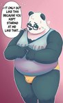 anthro belly black_body black_nose blush bodily_fluids bulge clothing eyewear genital_fluids glasses humanoid_hands male overweight overweight_male precum shirt simple_background solo text topwear underwear white_body spacepanda bear giant_panda mammal 2021 english_text hi_res