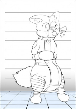 ambiguous_gender anthro bdsm big_diaper bondage bound clothed clothing collar diaper muzzle_(object) muzzled padded_boots restraints solo spreader_bar straitjacket wearing_diaper moistmolasses canid canine fox mammal hi_res