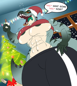 abs anthro areola areola_slip biceps big_breasts bouncing_breasts breast_jiggle breasts bubble christmas_clothing christmas_headwear christmas_tree clothed clothing countershading curvy_figure detailed_background dialogue drunk drunk_bubble eggnog eyelashes eyeshadow female fingers gift green_areola green_body green_scales green_stripes hat headgear headwear holidays inside jiggling looking_at_viewer low-riding makeup multicolored_body multicolored_scales muscular muscular_anthro muscular_female navel non-mammal_breasts orange_eyes plant santa_hat scales sharp_teeth smile solo striped_body striped_scales stripes substance_intoxication tail talking_to_viewer tan_body tan_countershading tan_scales teeth text thick_thighs tongue tongue_out tree two_tone_body two_tone_scales under_boob v-cut voluptuous wide_hips yellow_sclera drawsputin christmas tiranna_(minty_breeze) dinosaur prehistoric_species reptile scalie theropod tyrannosaurid tyrannosauroid tyrannosaurus tyrannosaurus_rex 2021 absurd_res artist_name digital_media_(artwork) english_text hi_res