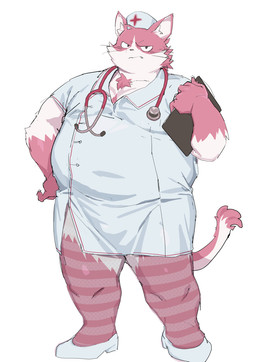 anthro blush clipboard clothed clothing crossdressing fishnet_clothing fishnet_leggings fishnet_legwear footwear fur hat headgear headwear high_heels leggings legwear male nurse_clothing nurse_hat nurse_headwear nurse_uniform overweight pink_body pink_fur shoes solo uniform konbu tamacolle bungo_(tamacolle) domestic_cat felid feline felis mammal
