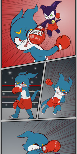 anthro arena barefoot border boxing boxing_gloves boxing_shorts bruised claws clenched_teeth clothed clothing duo feet fight fighting_ring green_eyes grey_border handwear horn male red_eyes sharp_teeth shortstack shortstack_male sport teeth toe_claws topless topless_anthro topless_male e254e bandai_namco digimon digimon_(species) impmon veemon absurd_res hi_res