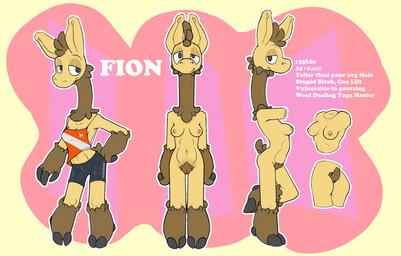 anthro bottomwear breasts butt clothed clothing female fur genitals hair hooves legwear long_neck looking_at_viewer navel nipples nude pubes shorts simple_background smile spandex spandex_shorts stated_age stated_weight text tight_bottomwear tight_clothing tight_shorts tights topwear vulva wool_(fur) fionthebunny fion_llama camelid llama mammal digital_media_(artwork) english_text hi_res