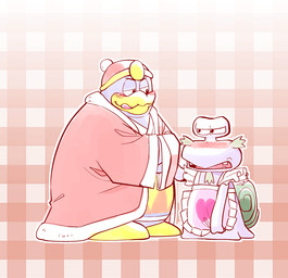 anthro beak blue_body blue_feathers blush clothed clothing crossdressing facial_hair feathers goatee holding_clothing holding_object holding_panties holding_underwear licking licking_lips looking_at_another maid_uniform male male/male mature_anthro mature_male narrowed_eyes overweight overweight_anthro overweight_male panties pattern_background purple_body purple_shell seductive shell simple_background tongue tongue_out underwear uniform yellow_beak garouzuki kirby:_right_back_at_ya! kirby_(series) nintendo escargoon king_dedede avian bird gastropod mollusk penguin snail japanese_description