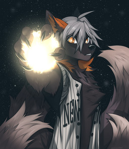 anthro black_body black_fur chest_tuft clothing fur hair looking_at_viewer macro male multi_tail multicolored_body multicolored_fur solo space star sun tail terra_macro topwear tuft vest white_hair yellow_eyes angiewolf canid canine fox mammal 2022