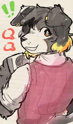 anthro black_body black_fur black_nose clothed clothing ear_piercing electronics exclamation_point female floppy_ears fur highlights_(coloring) holding_microphone holding_object jewelry looking_back microphone multicolored_body one_eye_obstructed open_mouth piercing pink_clothing rolled_up_sleeves shirt simple_background solo sparkles sparkling_eyes sweater sweater_vest topwear vest white_background white_body white_clothing white_fur conditional_dnp sonokido ventura_city_drifters lucy_adams border_collie canid canine canis collie domestic_dog herding_dog mammal pastoral_dog sheepdog 2026 digital_drawing_(artwork) digital_media_(artwork) hi_res
