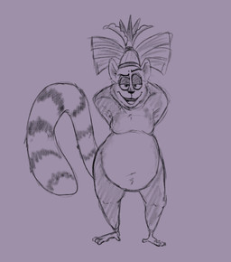 anthro belly clothing crown crown_only eyebrows front_view fur half-closed_eyes hands_behind_head headgear headgear_only headwear headwear_only looking_at_viewer male mostly_nude narrowed_eyes navel nude open_mouth overweight overweight_anthro overweight_male raised_eyebrow slightly_chubby slightly_chubby_anthro slightly_chubby_male smile smiling_at_viewer solo tail scudmum dreamworks madagascar_(series) king_julien lemur mammal primate ring-tailed_lemur strepsirrhine 2024 digital_drawing_(artwork) digital_media_(artwork) sketch