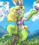 anthro bottomless clothed clothing female fur grass horn open_mouth outside plant smile solo xilrayne priscillia_(xilrayne) bovid caprine hybrid lagomorph laprine leporid mammal rabbit