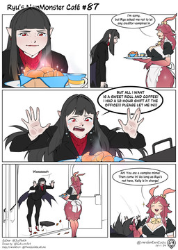 apron big_breasts black_hair black_wings bodily_fluids bread breasts cleavage clothed clothing croissant crying duo female food hair holding_object holding_plate humanoid_pointy_ears long_hair looking_at_food looking_at_object maid_uniform monster_girl_(genre) open_mouth pastry plate pointy_ears red_eyes sad smile sparkles standing tears text thick_thighs uniform white_apron white_clothing wide_hips wings gutsumi randomtanstudio ryu's_non_monster_cafe kelly_(randomtanstudio) animal_humanoid aquatic aquatic_humanoid cnidarian cnidarian_humanoid humanoid jellyfish_humanoid medusozoan medusozoan_humanoid vampire comic english_text hi_res