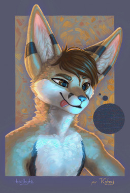 anthro big_ears brown_body brown_eyes brown_fur brown_hair fur hair male markings programming simple_background smile solo tongue tongue_out tailbyte kobaj canid canine fennec_fox fox mammal true_fox absurd_res digital_media_(artwork) digital_painting_(artwork) hi_res painting_(artwork) portrait shaded signature