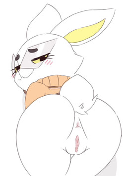 anthro anus blush clitoral_hood clitoris clothing eyewear female fur genitals glasses jacket looking_at_viewer scut_tail short_tail simple_background solo tail topwear vulva white_body white_fur yellow_eyes sadieyule bombun bombun_(kekitopu) lagomorph leporid mammal rabbit 2d_animation animated loop no_sound short_playtime video