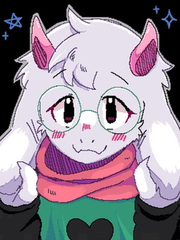 2_horns :3 ambiguous_gender anthro black_background black_eyes blush blush_lines cheek_tuft clothing eyewear facial_tuft floppy_ears fur glasses green_clothing green_eyewear green_glasses green_robe head_tuft horn looking_at_viewer lop_ears outline pink_horn pink_scarf robe round_glasses scarf simple_background solo sparkles tuft white_body white_fur white_sclera ui_5286 deltarune undertale_(series) ralsei bovid caprine darkner goat mammal 3:4 digital_drawing_(artwork) digital_media_(artwork) half-length_portrait hi_res japanese_description pixel_(artwork) portrait