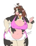 anthro bell bell_collar big_breasts bottomwear breasts brown_eyes brown_hair cleavage clothed clothing collar duo female fupa hair horn hotpants long_hair navel nipple_outline open_mouth shirt shorts size_difference tank_top text topwear blanclauz bovid bovine cattle mammal mouse murid murine rodent 2021 absurd_res artist_name dated hi_res