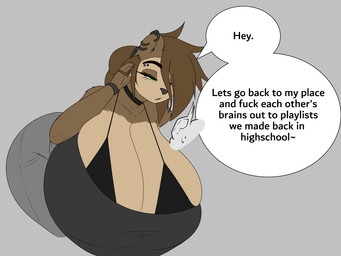 ambiguous_gender anthro big_breasts bottomwear bra breasts brown_body brown_fur brown_hair clothing dialogue duo ear_piercing eyebrows eyelashes female fingers fur green_eyes grey_background hair half-closed_eyes huge_breasts hyper hyper_breasts narrowed_eyes pants piercing profanity simple_background speech_bubble talking_to_another text topwear underwear thelazydreamer tenna_cale bear mammal 2025 4:3 english_text hi_res