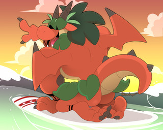 anthro butt claws covered_eyes evening gesture hand_gesture horn leaf_skirt looking_back male open_mouth outside plant plant_hair pointing pseudo_hair sky solo surfboard water wave wings hikazedragon mythology cain_(hikazedragon) dragon mythological_creature mythological_scalie scalie 2023 hi_res