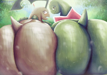 ambiguous_gender big_butt blush butt butt_focus butt_squish duo feral forest green_body huge_butt light looking_at_viewer looking_back plant presenting presenting_hindquarters seductive squish sunlight surprised tail tree water water_droplets wet destruction21 nintendo pokemon bayleef generation_2_pokemon meganium pokemon_(species) absurd_res hi_res