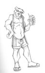 anthro arm_tuft beverage biped bottomwear bulge chest_tuft clothed clothing cocktail_garnish cocktail_umbrella drinking_straw elbow_tuft eyebrows eyewear feet footwear hand_on_side holding_beverage holding_object ice_cube male navel nipples open_clothing open_topwear open_vest pecs sandals shoes shorts smile solo sunglasses topwear tuft vest k-9 circles_(comic) arthur_korsky bear mammal 2001 full-length_portrait greyscale low_res monochrome portrait sketch traditional_media_(artwork)