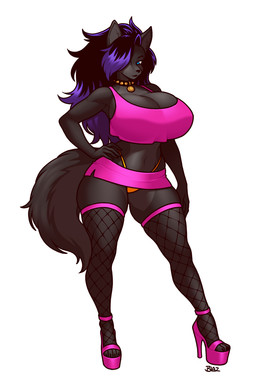 anthro big_breasts black_body black_hair blue_eyes bottomwear breasts cleavage clothed clothing collar female fishnet_clothing fishnet_legwear fluffy fluffy_tail footwear hair hair_over_eye high_heels huge_breasts legwear miniskirt multicolored_hair orange_clothing orange_panties orange_underwear panties pink_bottomwear pink_clothing pink_skirt purple_hair shoes simple_background skirt solo spiked_collar spikes tail two_tone_hair underwear white_background blazbaros canid canine mammal hi_res