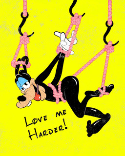 anthro ball_gag bdsm black_body bondage bound feet gag male nude simple_background solo submissive submissive_male text ovcharkart disney goofy_(disney) canid canine canis domestic_dog mammal english_text hi_res