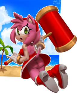 accessory anthro beach boots bracelet butt clothed clothing dress female footwear genitals gloves green_eyes hair_accessory hairband hammer handwear jewelry looking_back no_underwear palm_tree pink_body plant sea shoes solo tools tree vulva water fixie sega sonic_the_hedgehog_(series) amy_rose eulipotyphlan hedgehog mammal absurd_res hi_res