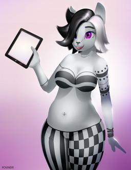 anthro big_breasts breasts clothed clothing facial_piercing female fur hair navel navel_piercing open_mouth piercing purple_eyes slightly_chubby smile solo tablet_computer foundr apple_inc. ipad domestic_cat felid feline felis mammal 2015 hi_res