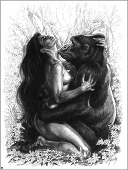 ambiguous_gender bestiality duo female female/ambiguous female_on_feral feral human_on_feral interspecies love male nude pencil_(object) sex side_view sebastia_boada haplorhine human mammal monkey primate greyscale hi_res monochrome