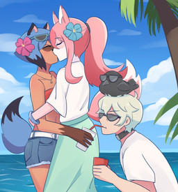 ambiguous_gender anthro beach beverage biped black_body black_fur black_hair black_nose blue_body blue_fur blue_hair blush bottomwear bracelet brown_body brown_fur clothed clothing collar day eyes_closed eyewear female female/female feral fluffy fluffy_tail fur group hair holding_object jewelry kiss_on_lips kissing long_hair male multicolored_body multicolored_fur multicolored_hair pink_body pink_fur pink_hair seaside shirt shorts sunglasses tail topwear water white_body white_fur white_hair poptrt brand_new_animal studio_trigger michiru_kagemori nazuna_hiwatashi shirou_ogami avian canid canine fox human mammal raccoon_dog tanuki 2020 absurd_res digital_media_(artwork) hi_res